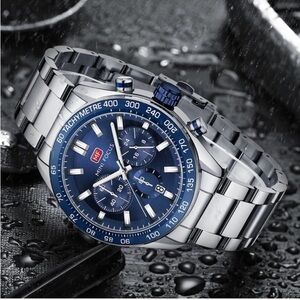 NWT Mini Focus Men's Stainless Steel and Blue Waterproof Chronograph Watch